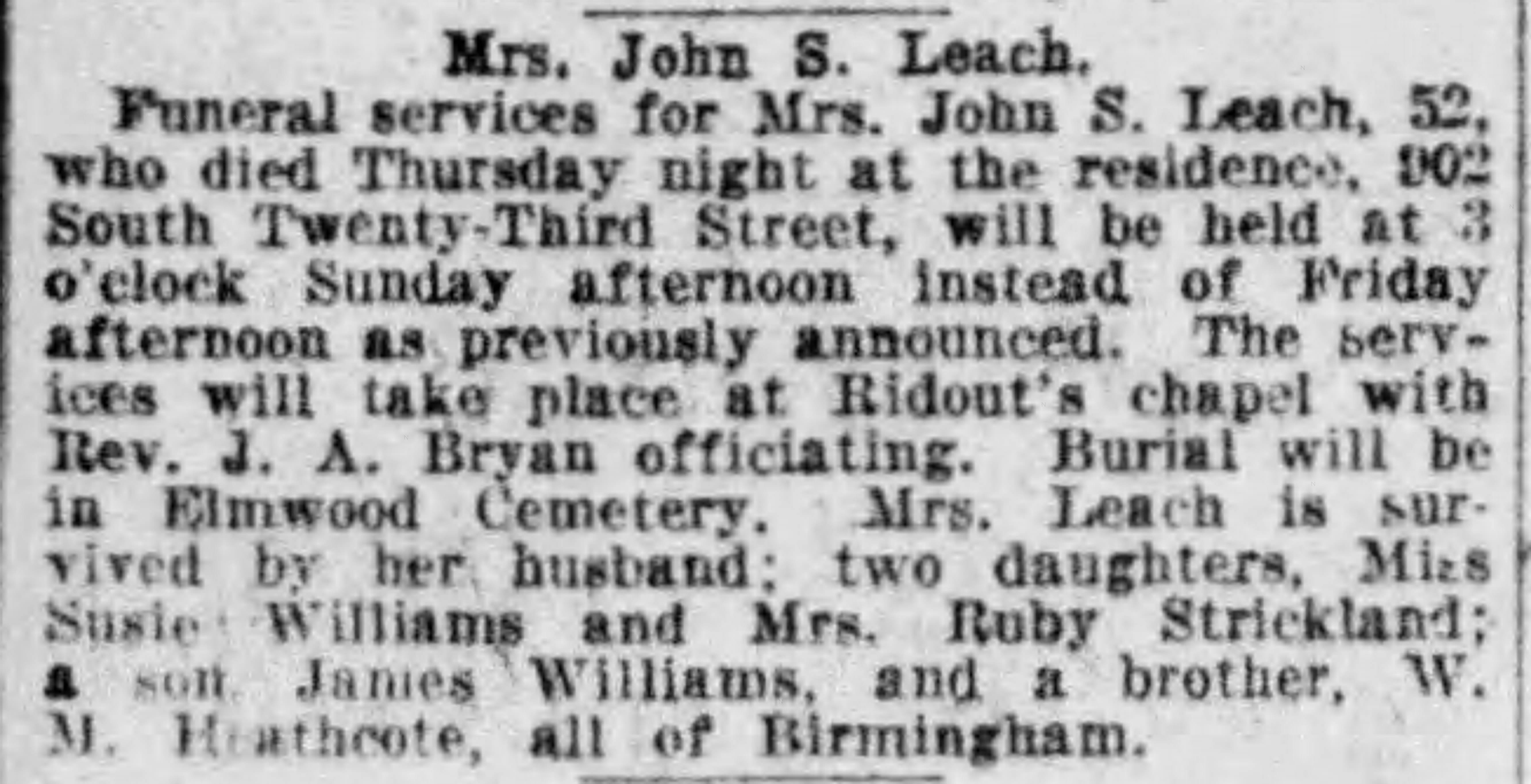 Mrs. John S. Leach obituary